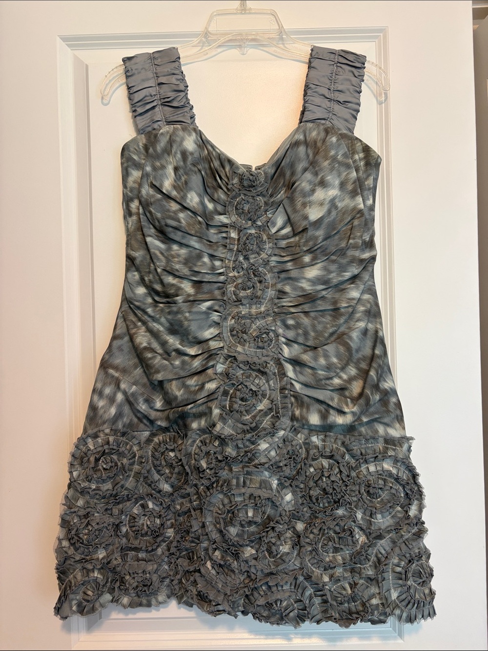 BCBG Gray Ruffled Cocktail Dress with Rosette Detail 12